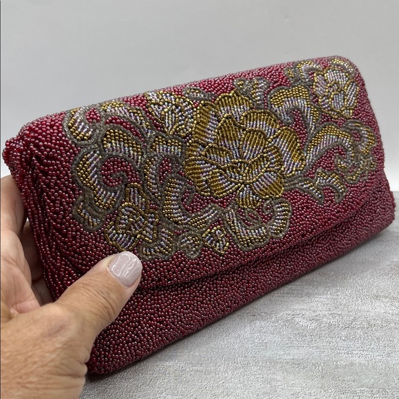 La Regale Red Gold Silver Beaded Clutch Evening Bag Elegant Classic Vintage - Picture 3 of 12